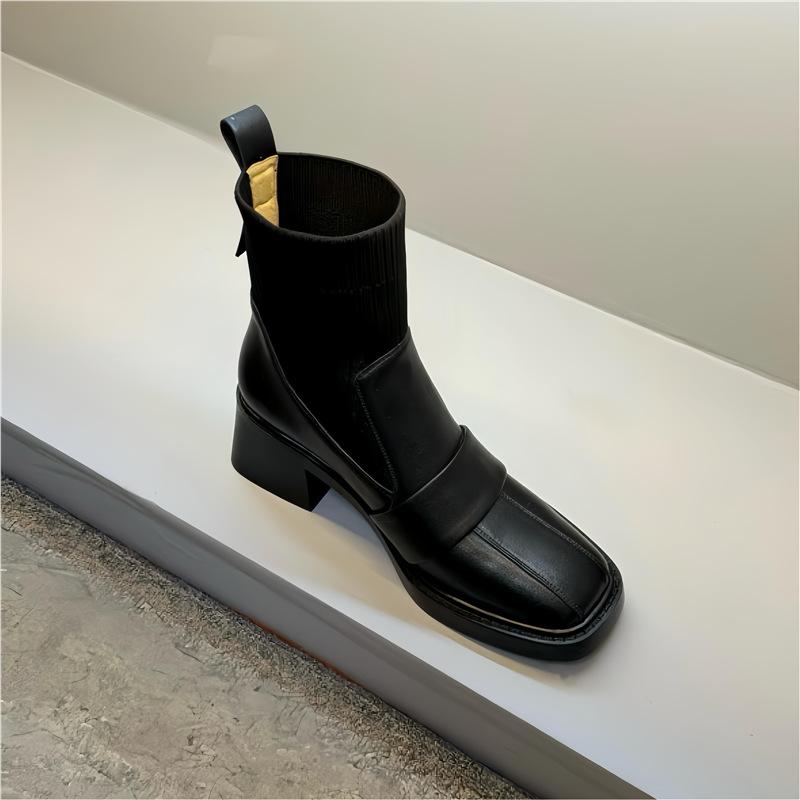Temperament Fan 5cm/2025 Autumn New Fashion Versatile Comfortable Soft Leather Square Head Thick Heel Short Boots Women's Skinny Boots