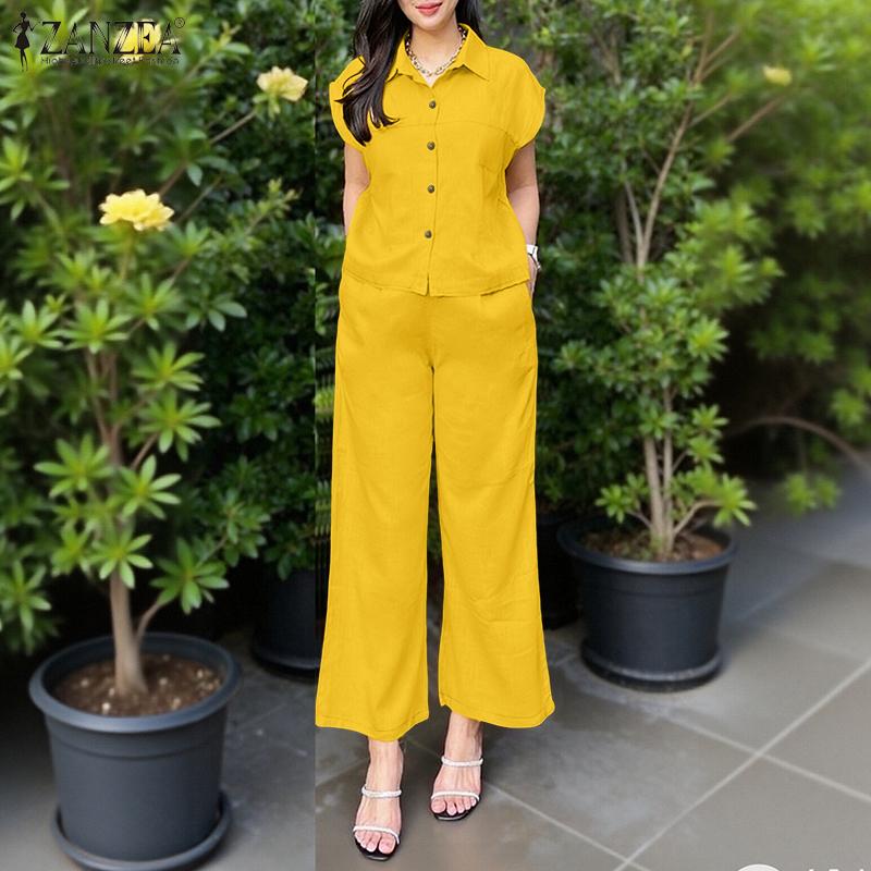 ZANZEA Women Short Sleeve Blouse and Pants Summer Two Piece Suit Sets