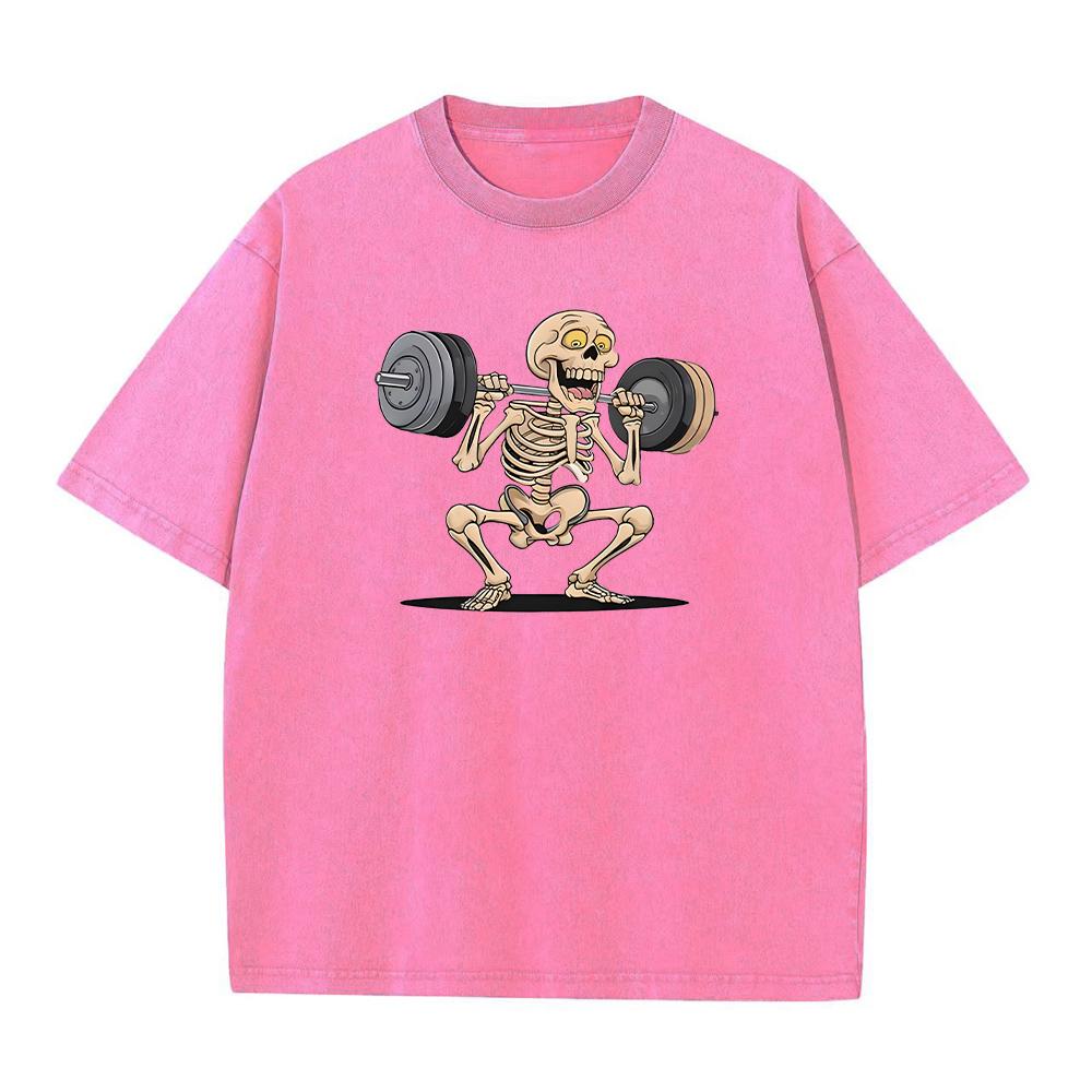 Mens Retro Distressed Washed TShirt With Fun Weightlifting Skull Print Fashionable Pure Cotton Short Sleeve Street Style Top