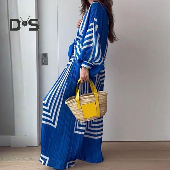 2Pcs/Set Women Stripe Print Pleated Casual Outfit Lapel Lantern Long Sleeve Lace Up Shirt High Waist Wide Leg Long Pants Set