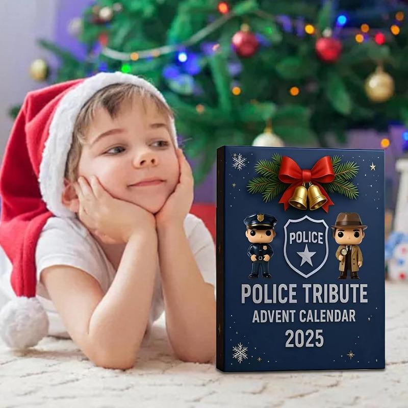 2D Plochý Akrylový Vzpomínkový Adventní Kalendář Policie 2025, 24 Dní Vánoční Odpočítávací Kalendář s 24 Dekoracemi s Policejní Tematikou, Vánoční Dárek pro Policii