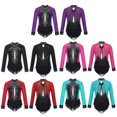 Kids Girls Ballet Dance Leotard Dress Figure Skating Rhythmic Gymnastics Bodysuit Shiny Rhinestones Mesh Skirted Jumpsuit