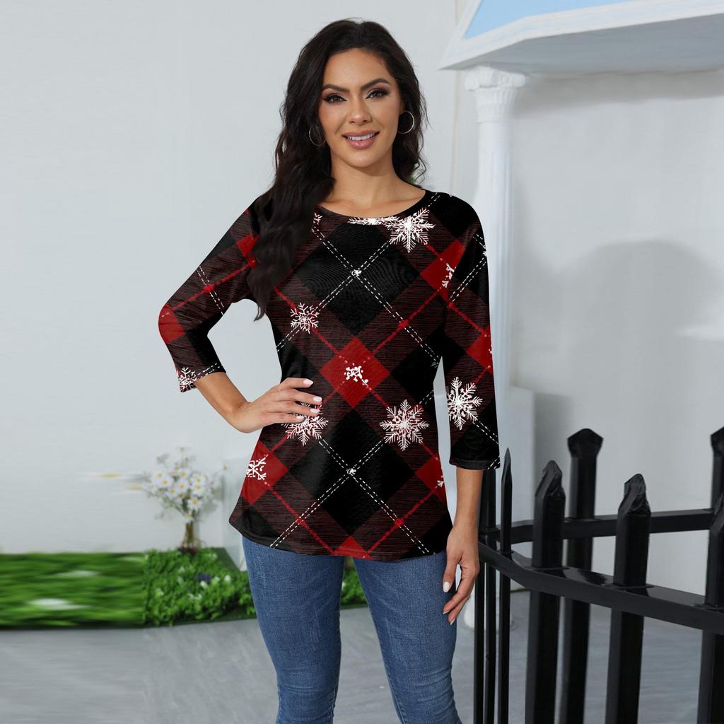 3/4 Sleeve Shirts For Women Print Christmas Tees Blouses Casual Plus Size Basic Tops Pullover