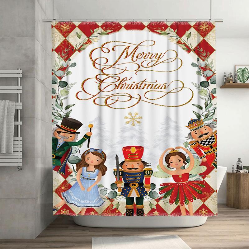

Elegant Nutcracker Ballet Christmas Shower Curtain With Gold Lettering, Red White Holiday Bathroom Decor, Festive Fabric W60H190(CM)-1 Pcs