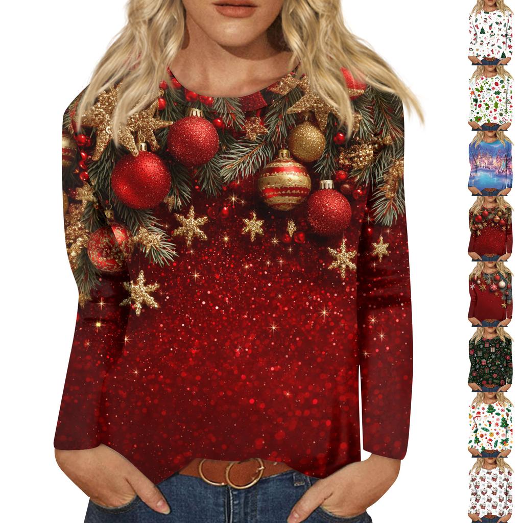 Women's Fashion Casual Long Sleeve  Print Round Neck Top