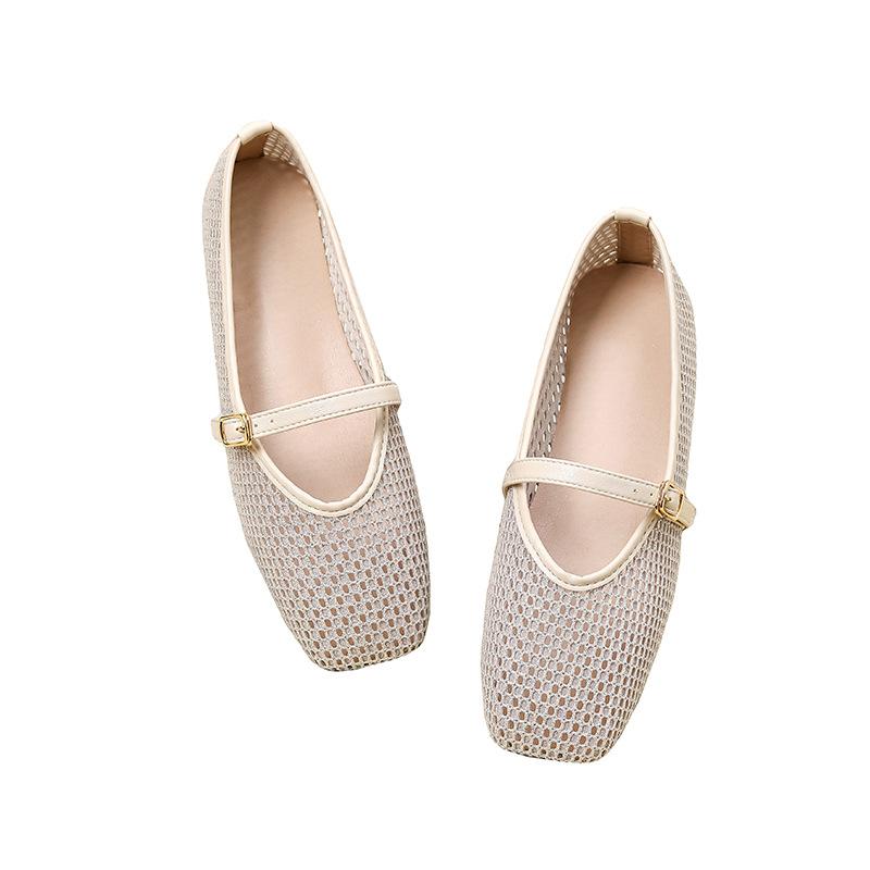 Fashion Buckle Strap Flats Women's 2025 Summer New Fashion Hollow Mesh Mary Jane Shoes Large Size Comfortable Breathable Casual Shoes