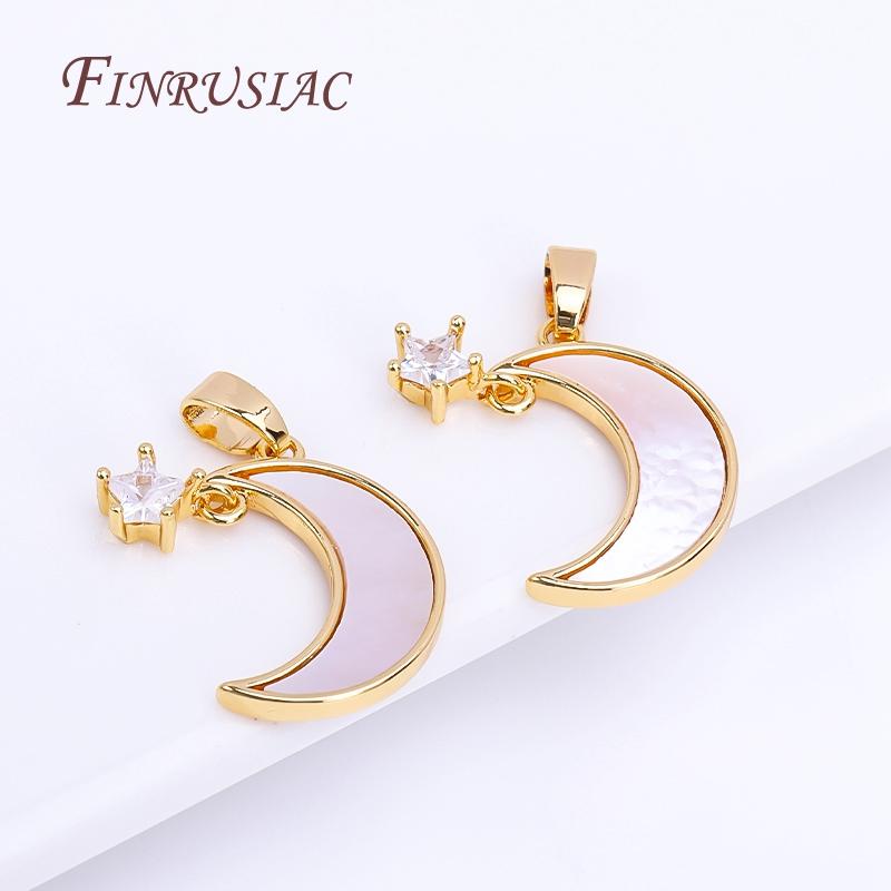 18K Real Gold Plated Zircon Star with Shell Moon Pendant For Necklace Making,Star Crescent Charms DIY Jewellery Making Supplies