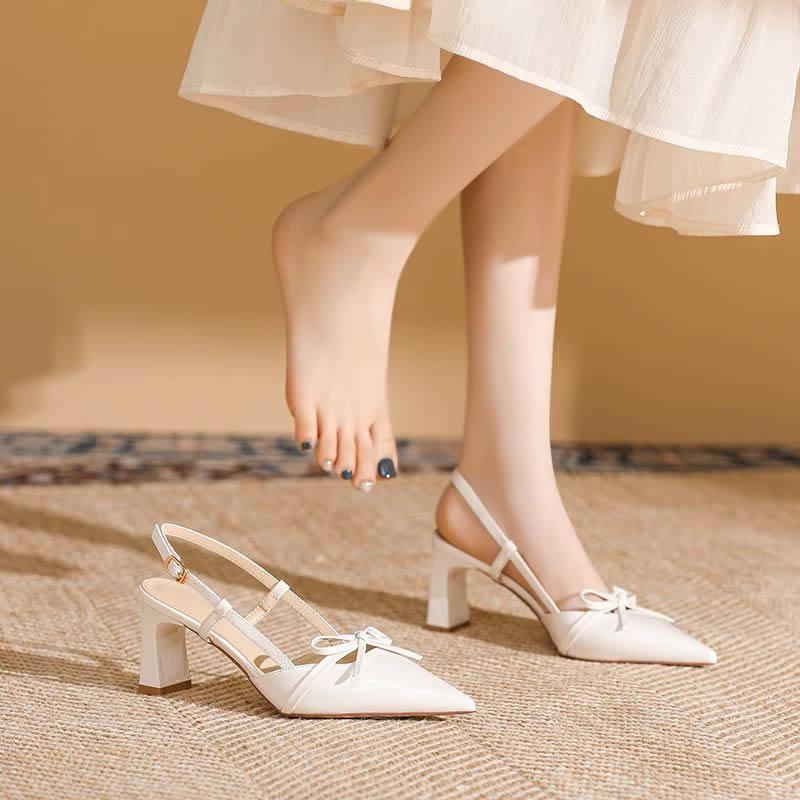 Pointed Toe Shallow Women Sandals Bow Mid Heels Shoes Fad Slingback Pumps 2025 Trend Summer Designer Party Sandalias De Mujer