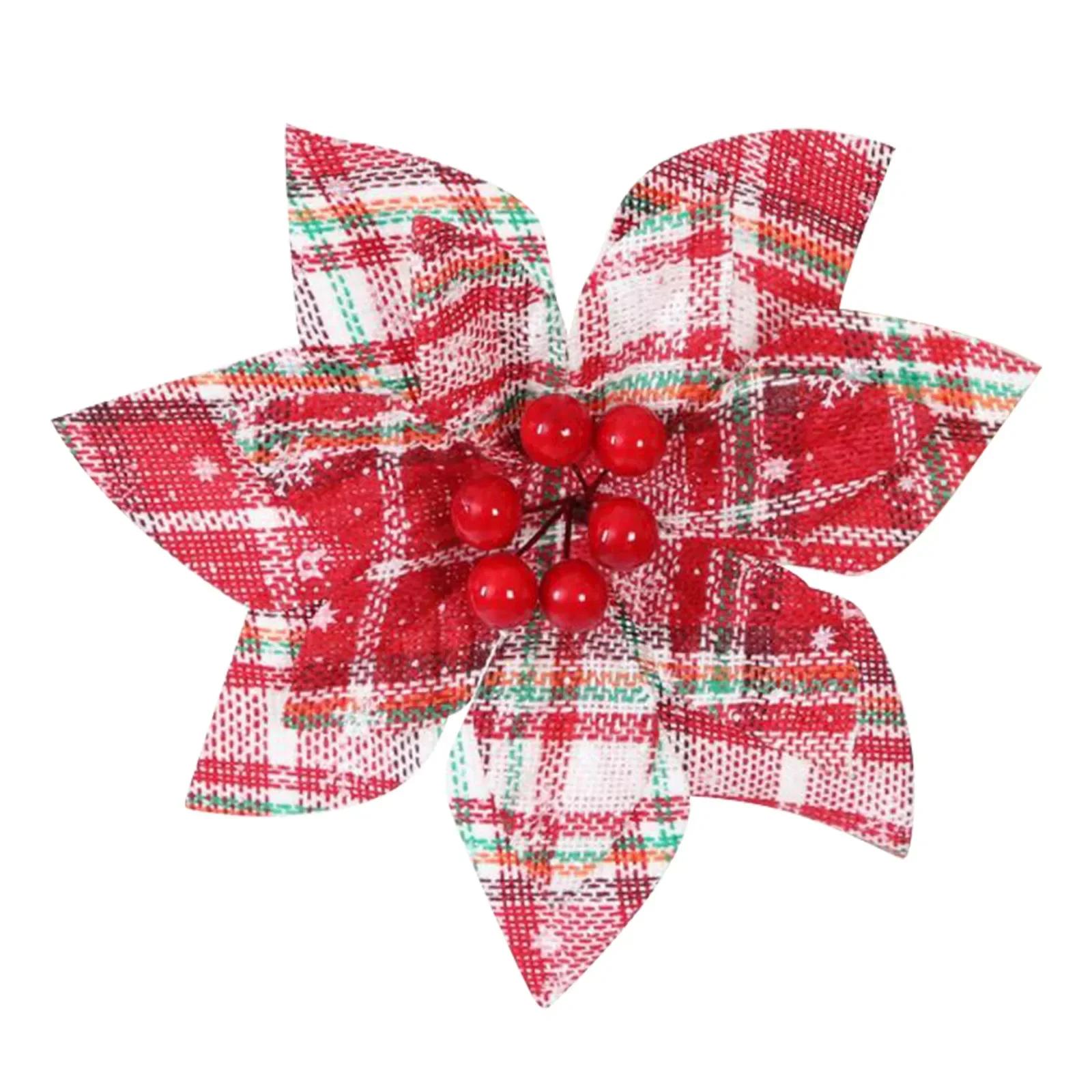 

Cloth Christmas Flower Picks Buffalo Plaid Poinsettia Winter Wedding Holiday Decoration Artificial Red Berry Decorative Cuttings