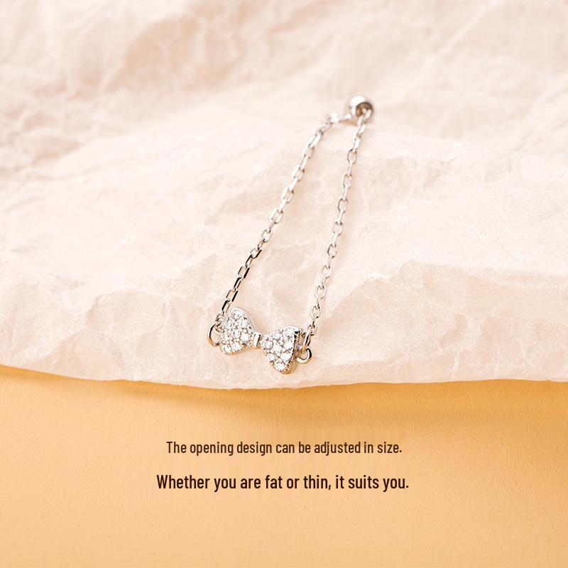 925 Sterling Silver Adjustable Bow Chain Ring for Women - Light Luxury, Niche Cold Style.