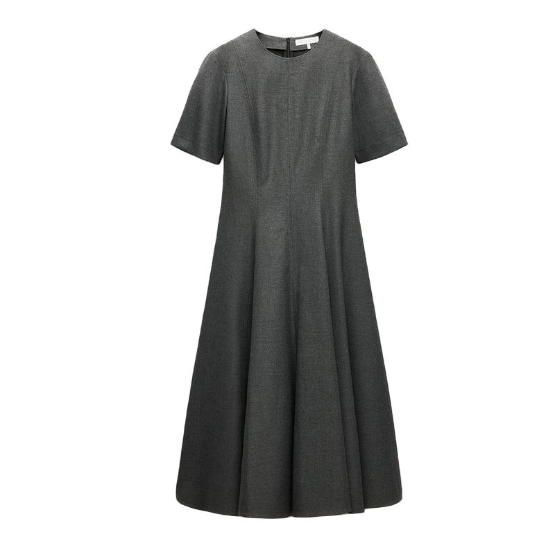 

Spring Women clothes French style Design Wave Wide Swing round Neck Midi Dress 5289040 2648952 Coal Gray L