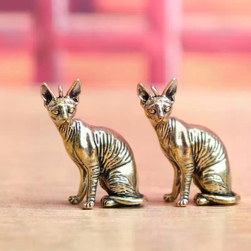Vintage Animal Figurines Model Lucky Home Decorations Crafts Accessories Solid Brass Hairless Cat Small Statue Desktop Ornaments