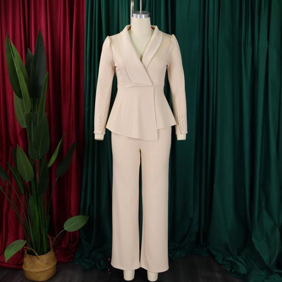 Damskie Zestawy 2-częściowe Plus Size Blazer z Długim Rękawem z Falbaną i Nierównym Dołem + Spodnie Garnitur Biznesowy Zestaw do Pracy Biurowej