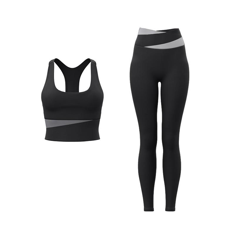 High-end contrasting color yoga suit women s bra and trousers two-piece set high elastic and thin sports fitness suit women S