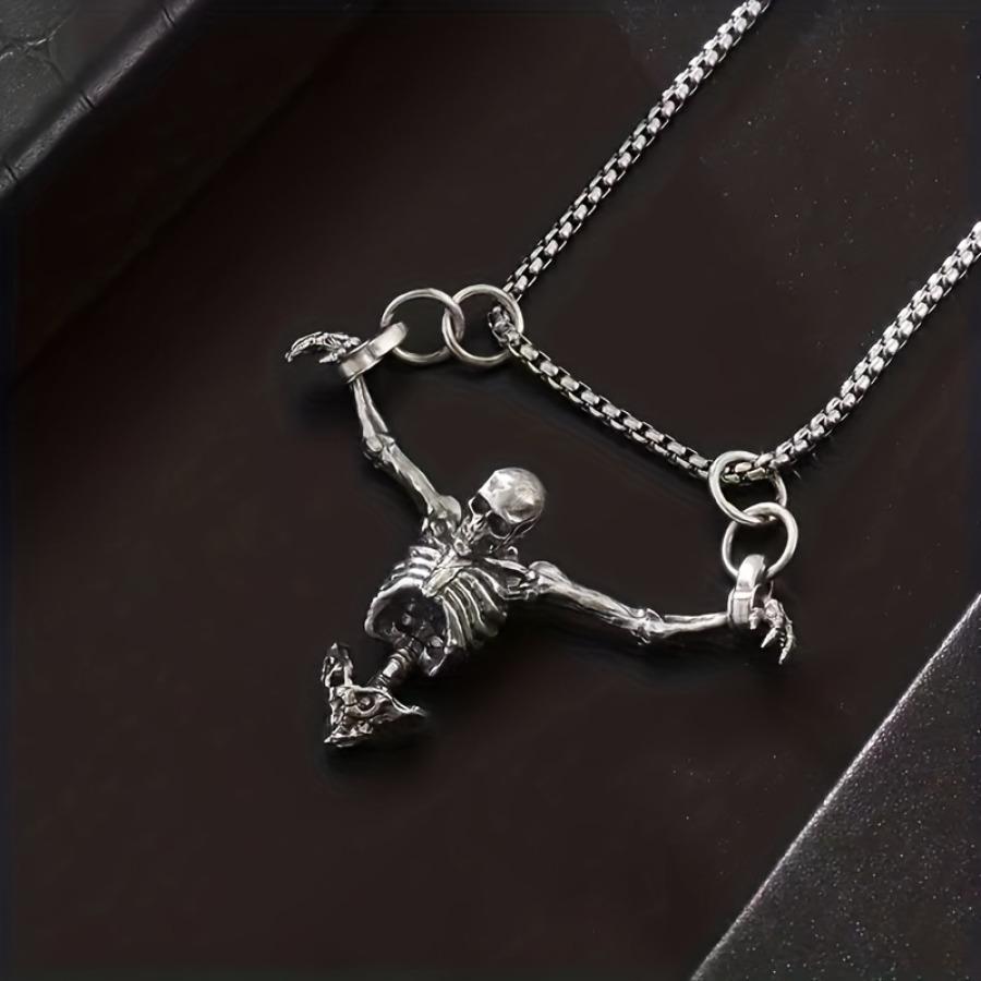 New Stylish Dark-Colored Skull Pendant Necklace, Unique Retro Punk Hip-Hop Skeleton Accessory for Halloween