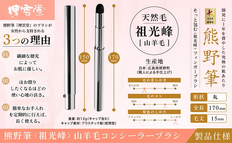 Hakuundo Kumano Brush RIN Brush Goat Hair Concealer Brush & Eyeshadow Brush with Cap, Portable Makeup Brush, Fits in a Pouch, Perfect for Touch-Ups