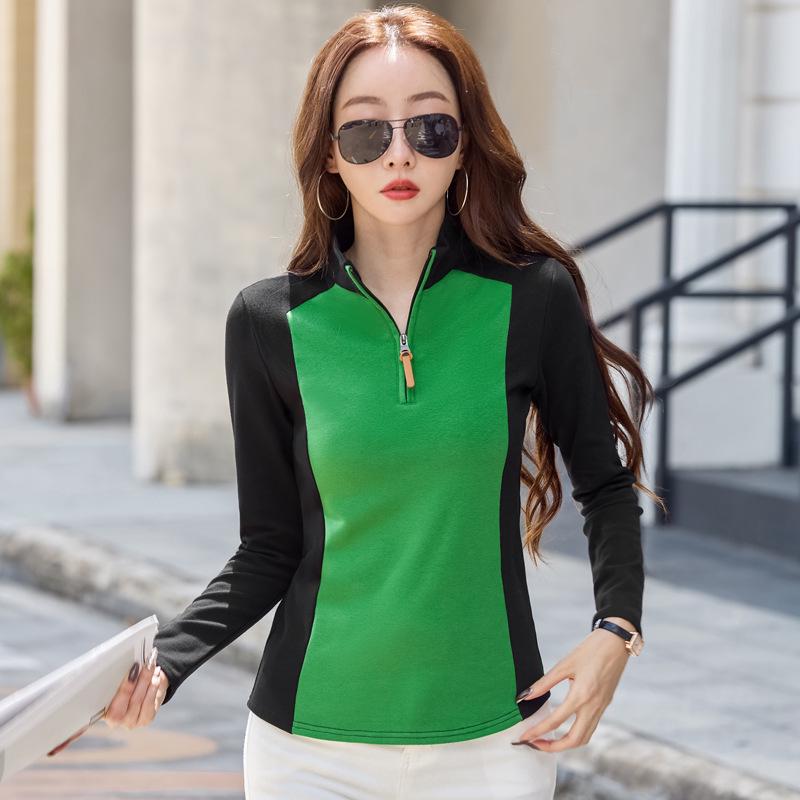 2024 Women's Long Sleeve Stand Collar Half Zip Color Block T-shirt