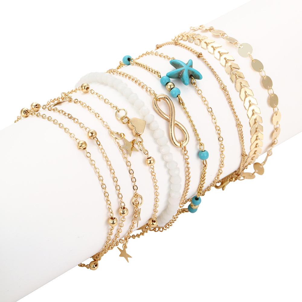 Charm During Summer Bohemian Style Vacation Outings Starfish Pearl Set Of Multiple Golden Anklets For Girls To Wear fashion