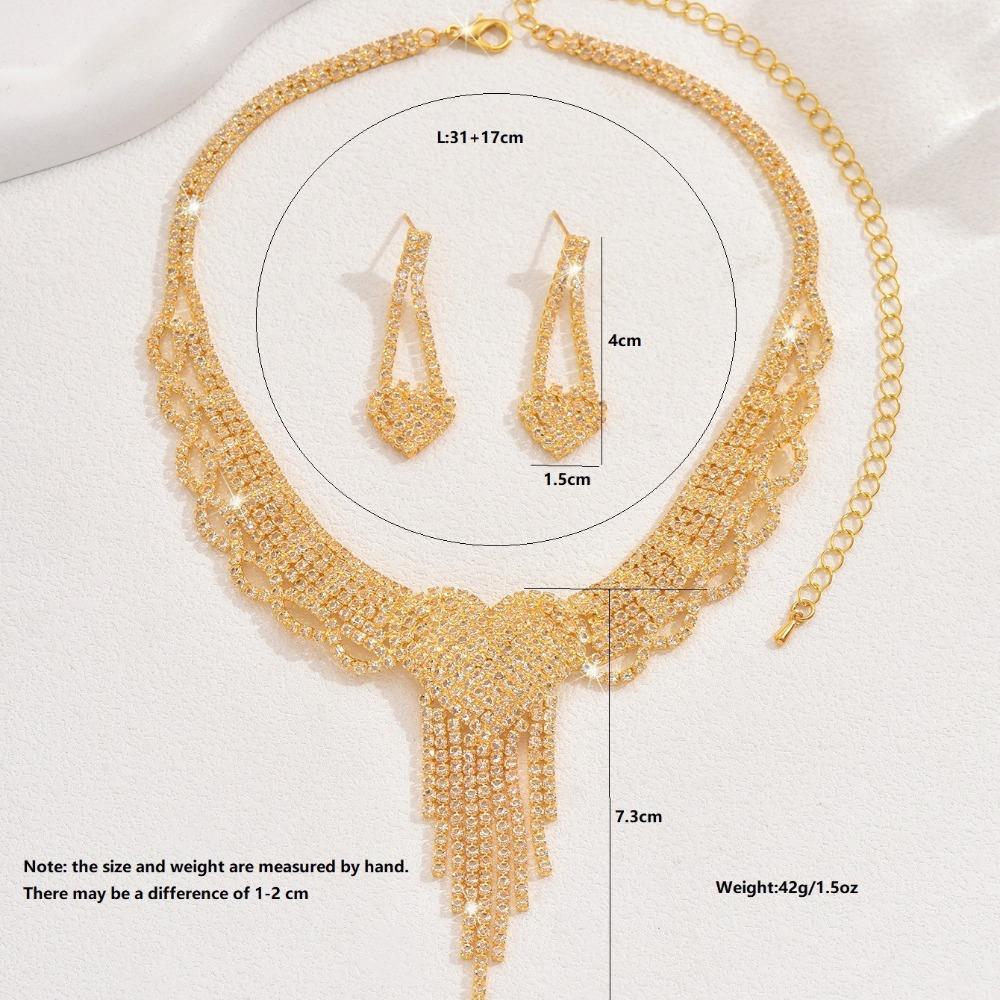 New 2pcs Set Luxury Shiny Full of Rhinestone Heart Pendant Tassel Necklace Drop Earring Set for Women Bride Wedding Jewelry Sets