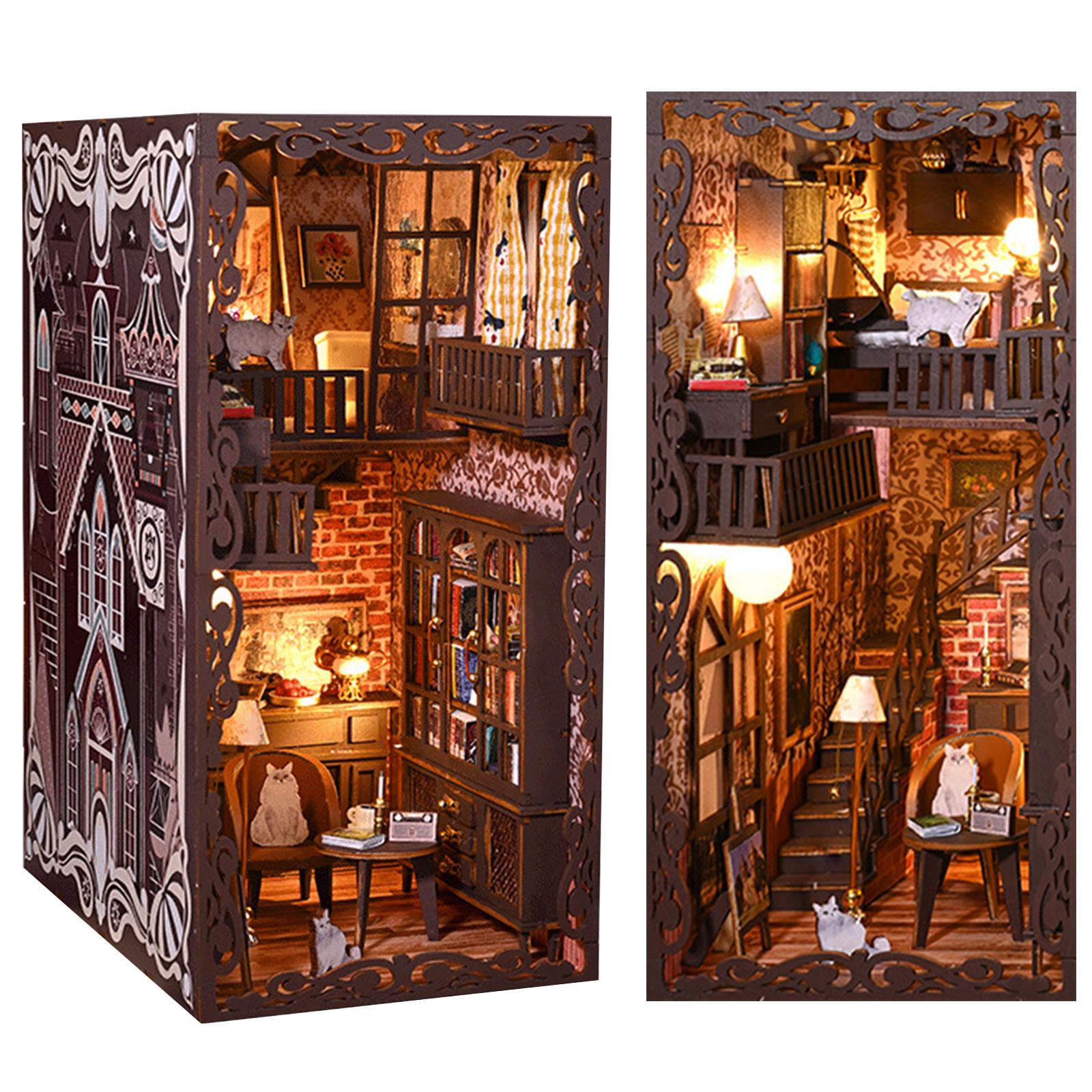 

DIY Book Nook Kit with LED Lights 3D Wooden Puzzle Book House Building Kit Table Frame Decoration Doll House Diorama Ornaments