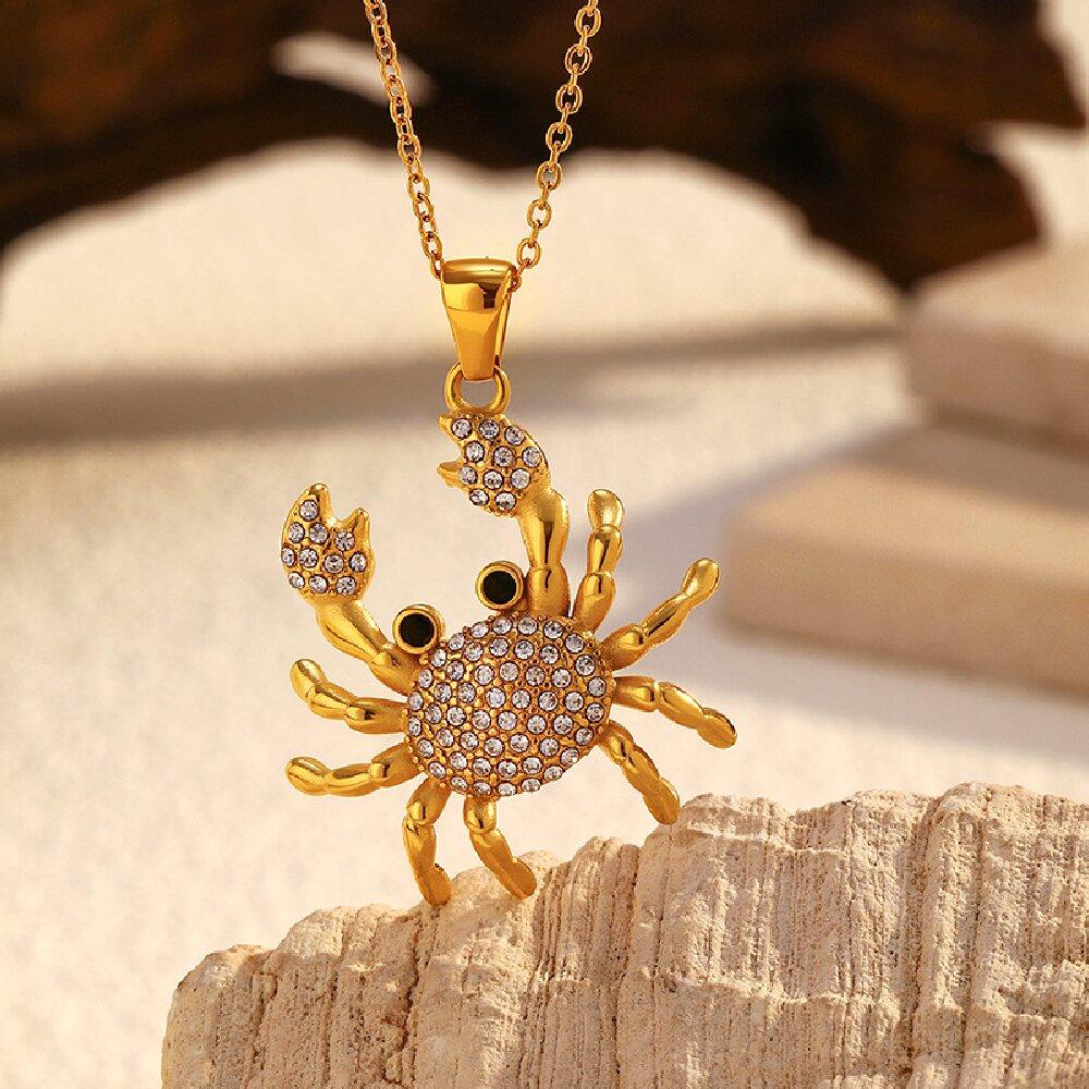 DIEYURO 316 Stainles Steel Golden Inlay Rhinestones Crab Pendant Necklace Women Vintage Fashion Neck Chain Jewelry Glamorou