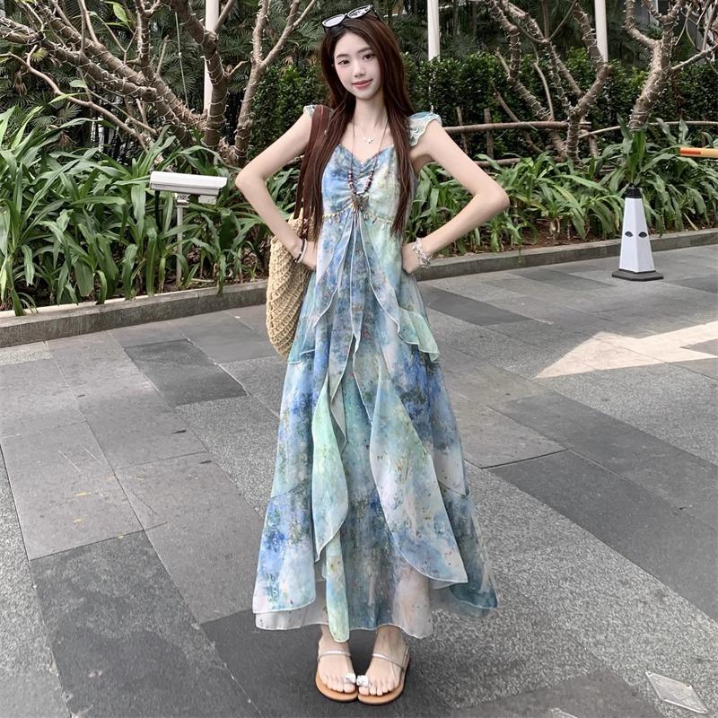 Seaside Vacation Style Printed Small Flying Sleeves Suspender Dress Women's 2026 Summer New Waist Irregular Fairy Dress