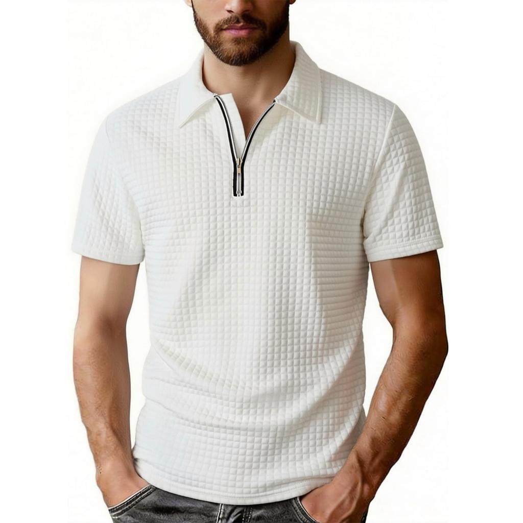Men's Casual Fashion Polo Shirt Half Zipper Short Sleeve Checkered Jacquard Outdoor Sweatshirt with Turn Down Collar