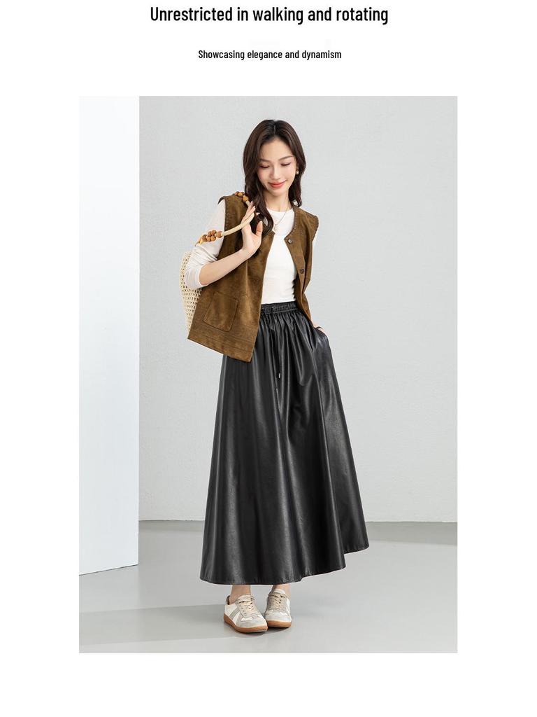 Yifei High-Waisted Black PU Leather A-Line Pleated Skirt - Women's Slimming Long Umbrella Skirt, 2026 Style.