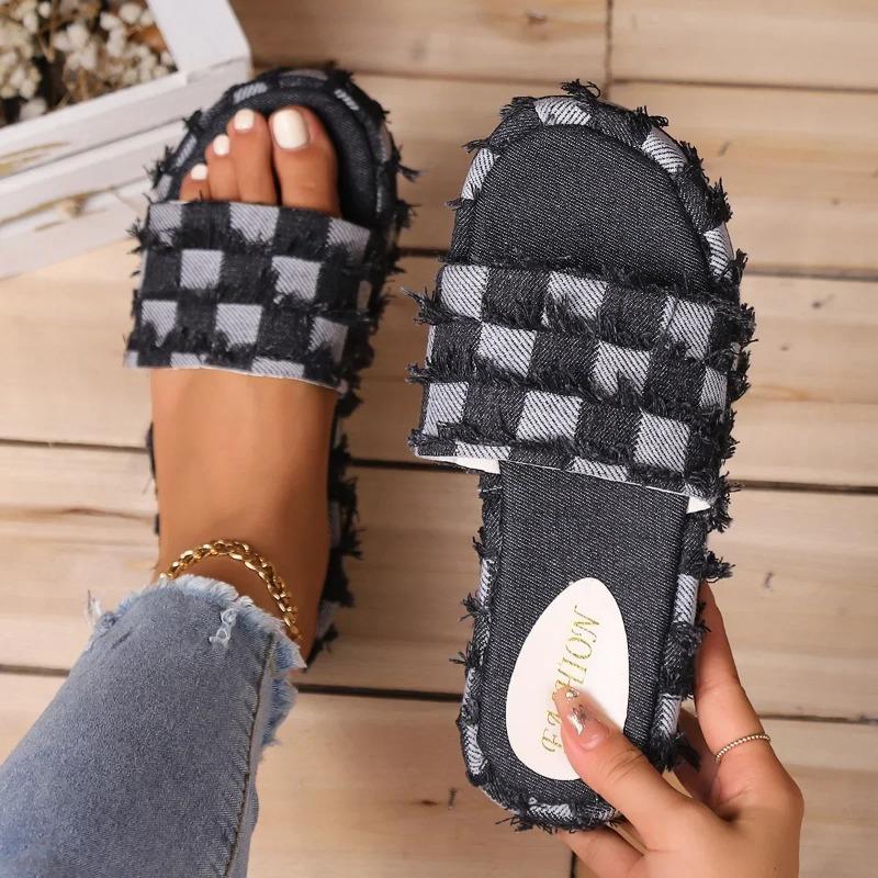 Women Denim Slides Summer Beach Sandals Women Retro Slip On Wedges Platform Casual Open Toe Flat Sandals Jeans Canvas Slides