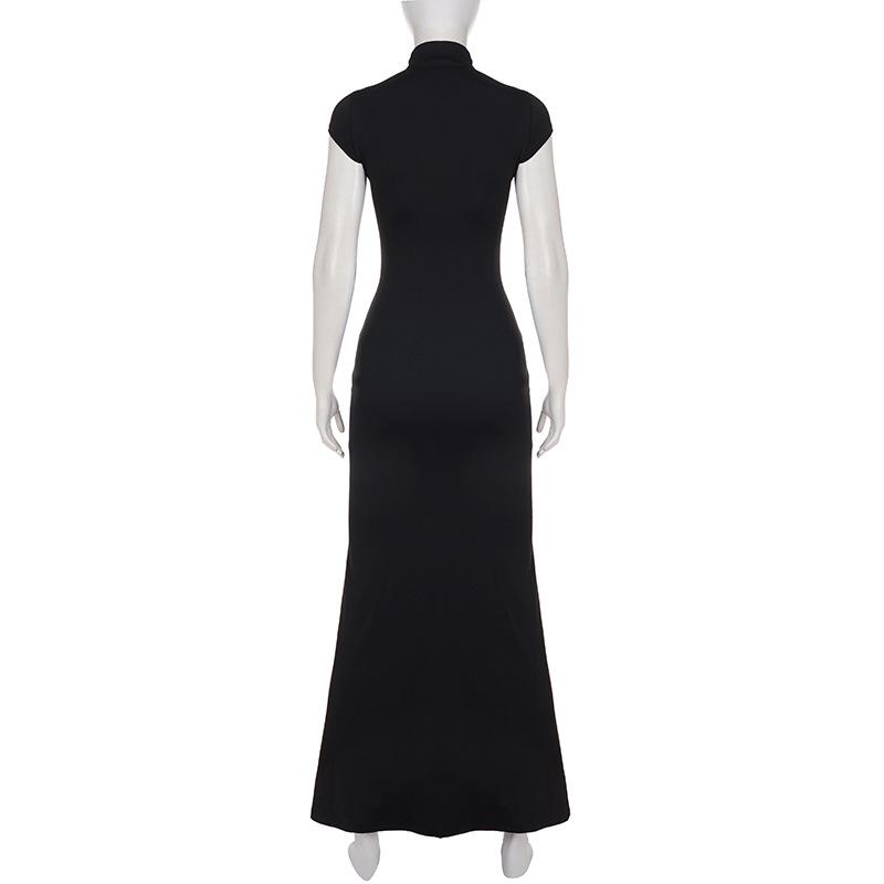 European & American Sexy Hollow Stand Collar High Slit Short Sleeve Long Dress