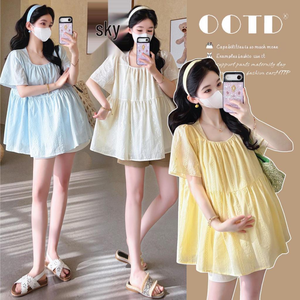 Summer 2026 Korean Maternity Lace Embroidered Doll Top & Tummy Support Shorts