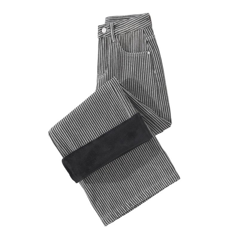 Black and Gray Striped Wide-leg American Jeans for Women In Autumn and Winter New High-waist Loose Slimming Straight Velvet Pants