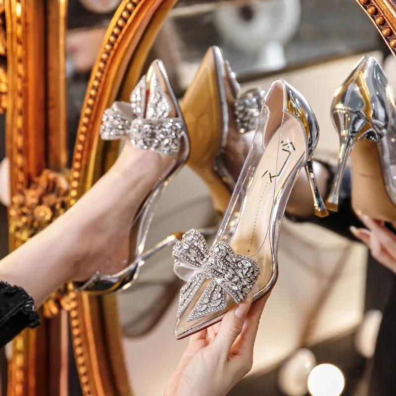 Lente en Herfst Nieuwe Transparante Hoge Hakken Dames Stiletto Hakken Puntneus Strik Mode Sexy Enkelschoenen voor Dames
