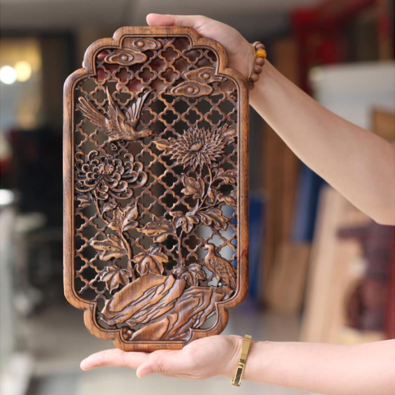 Chinese Classical Hollow Wood Carving Crafts Camphor Wood Carving Plum Blossoms Orchid  Background Wall Hanging Decor Ornaments