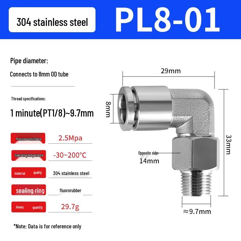 304 Stainless Steel Pneumatic Quick Push-in Connector, PC16-06/PC8-02 Swivel Elbow, PL6-M5/04