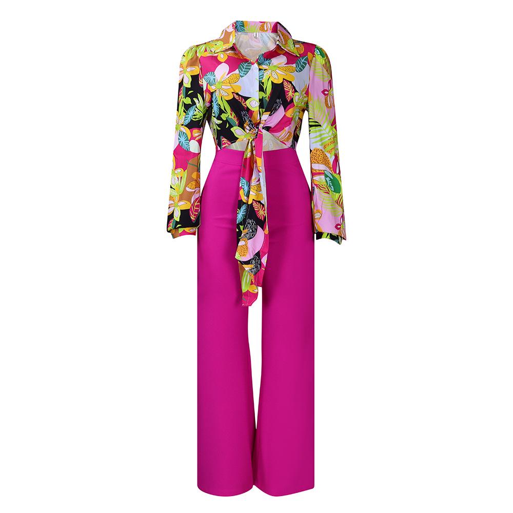 

Европейский и американский женский осенний комплект из двух предметов с принтом: Рубашка с отложным воротником и длинными рукавами и брюки широкого кроя L розы красного