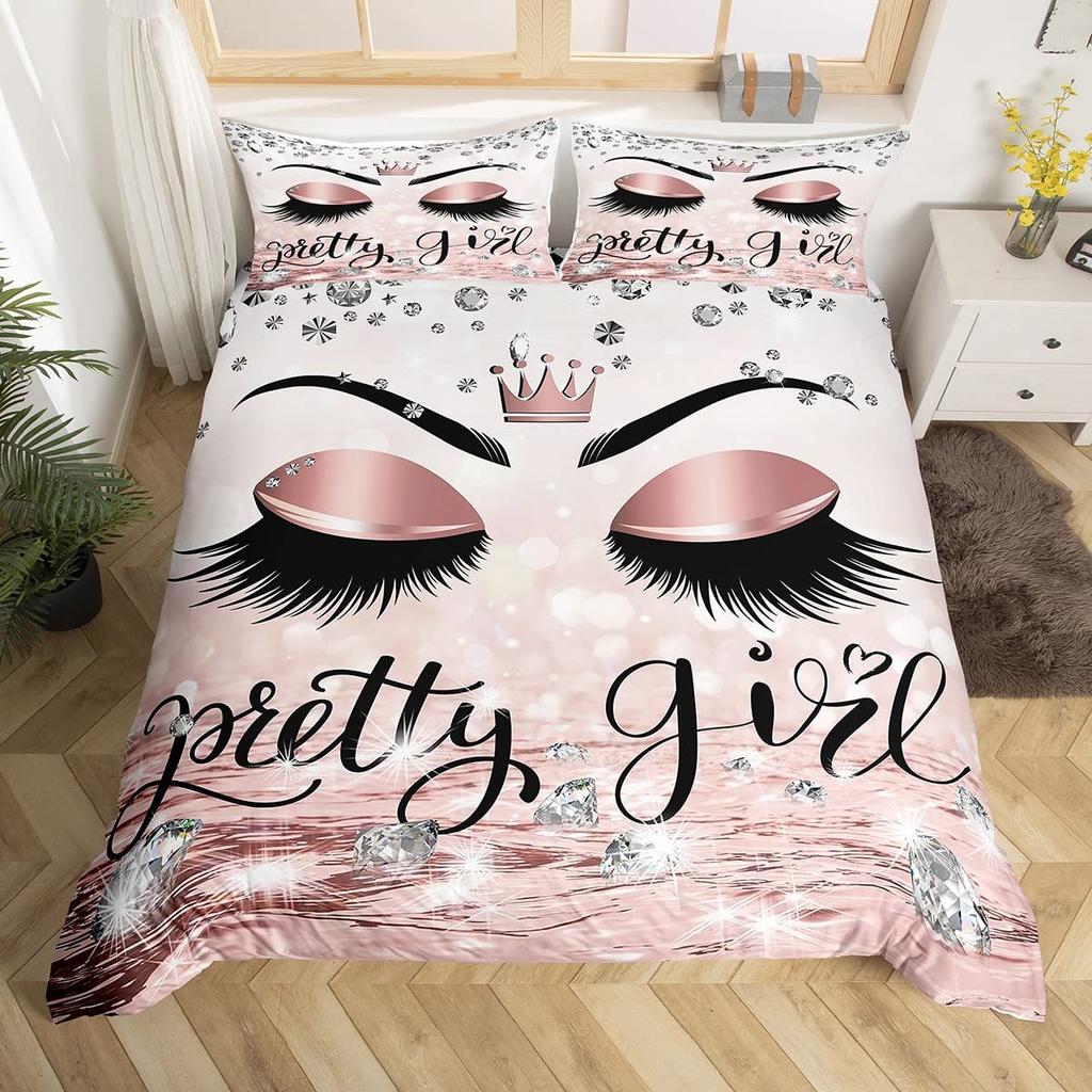 Girls Crown Eyelash Duvet Cover Twin Queen Size Gorgeous Glitter Diamond Princess Style Bedding Set Romantic Bowknot Quilt Cover