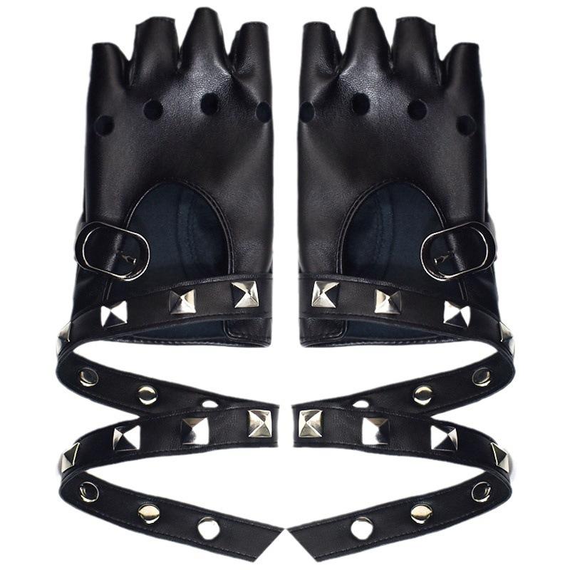 Unisex Punk Fingerless Gloves PU Leather Rivet Gothic Wrist Wrap Black White Disco Dance Rock Performance Gloves