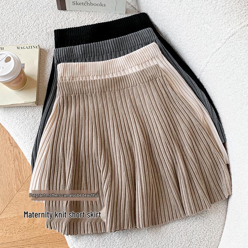 2025 Autumn/Winter Elegant Wool Knit Maternity Pleated High-Waisted A-Line Short Skirt XL