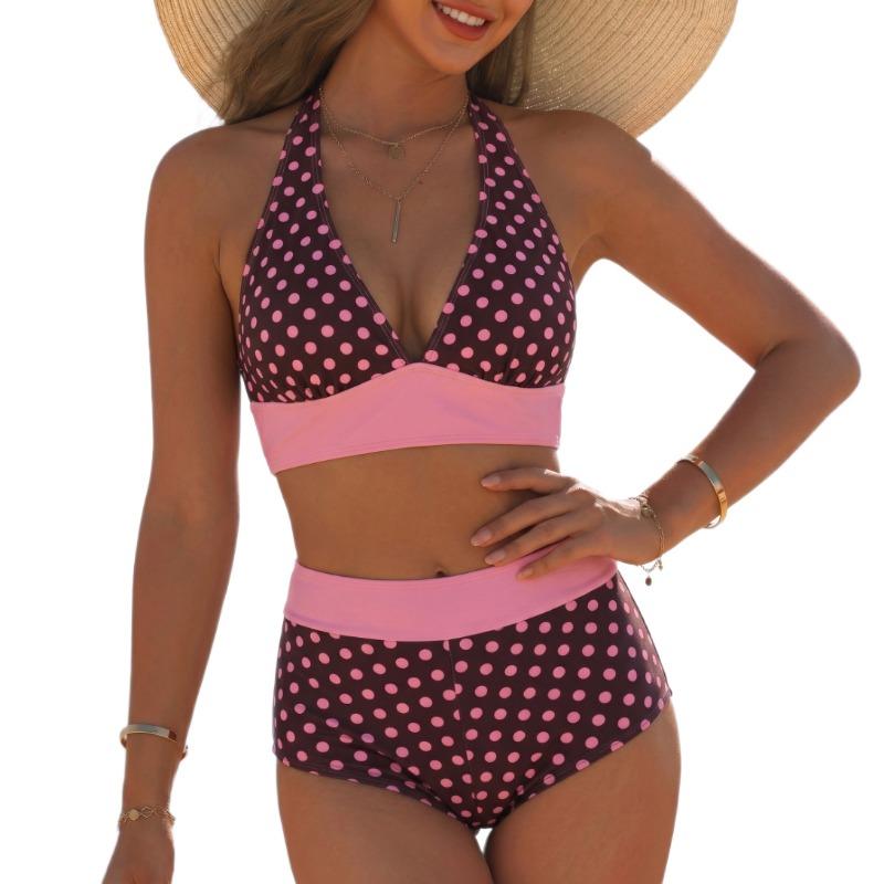 European and American Style Polka Dots Contrasting Colors Split Bikini Swimsuit Women Looking Thin High Waist Sexy Beach Vacation Swimsuit New