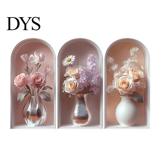 Easy Install Wall Sticker 3 Pcs 3D Vase Stickers Vintage Flower Art Space Extension Self-Adhesive Colorful Floral Blossom Decals for Bedroom
