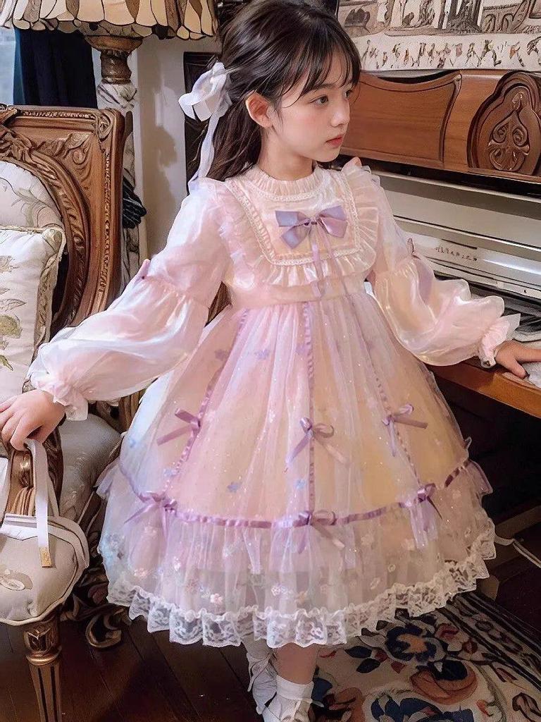 Girls' Pink Lolita Lace Bowknot Princess Dress with Puff Sleeves