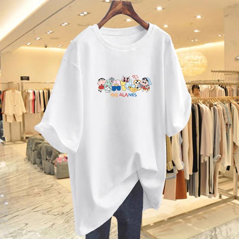 2025 summer new pure cotton cartoon printing pure cotton white short-sleeved T-shirt women's ins loose and versatile couple outfit