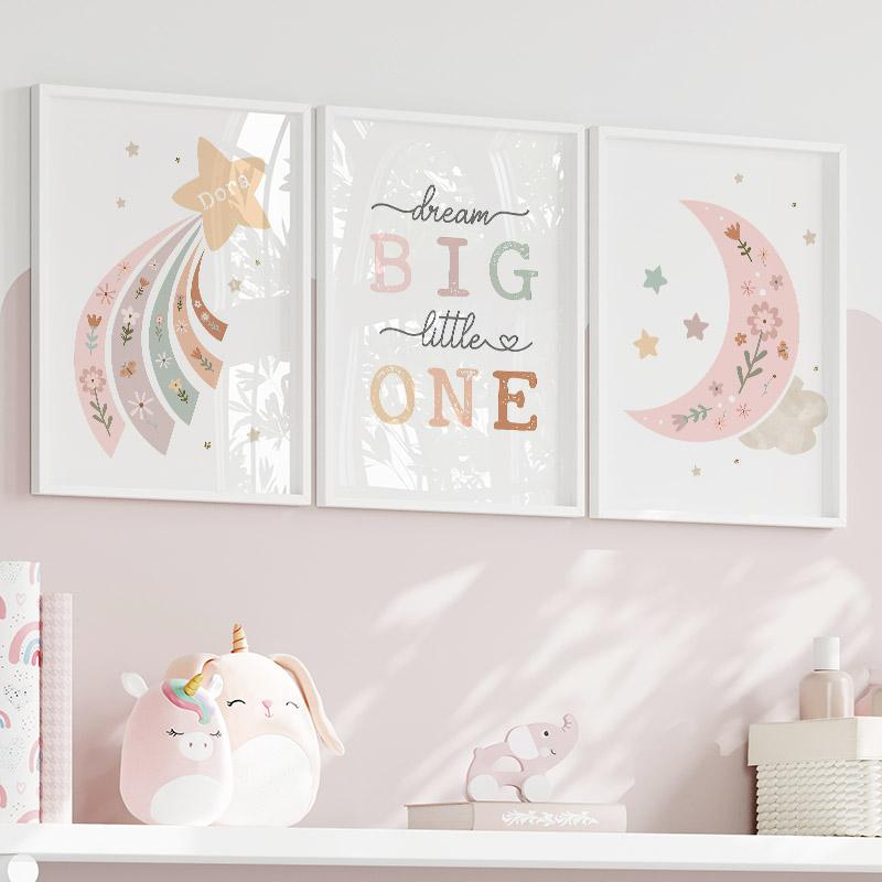 Rainbow Stars Moon Flowers Big Dreams Cartoon Wall Art Canvas Painting Nordic Posters And Prints Pictures Girl Kids Room Decor