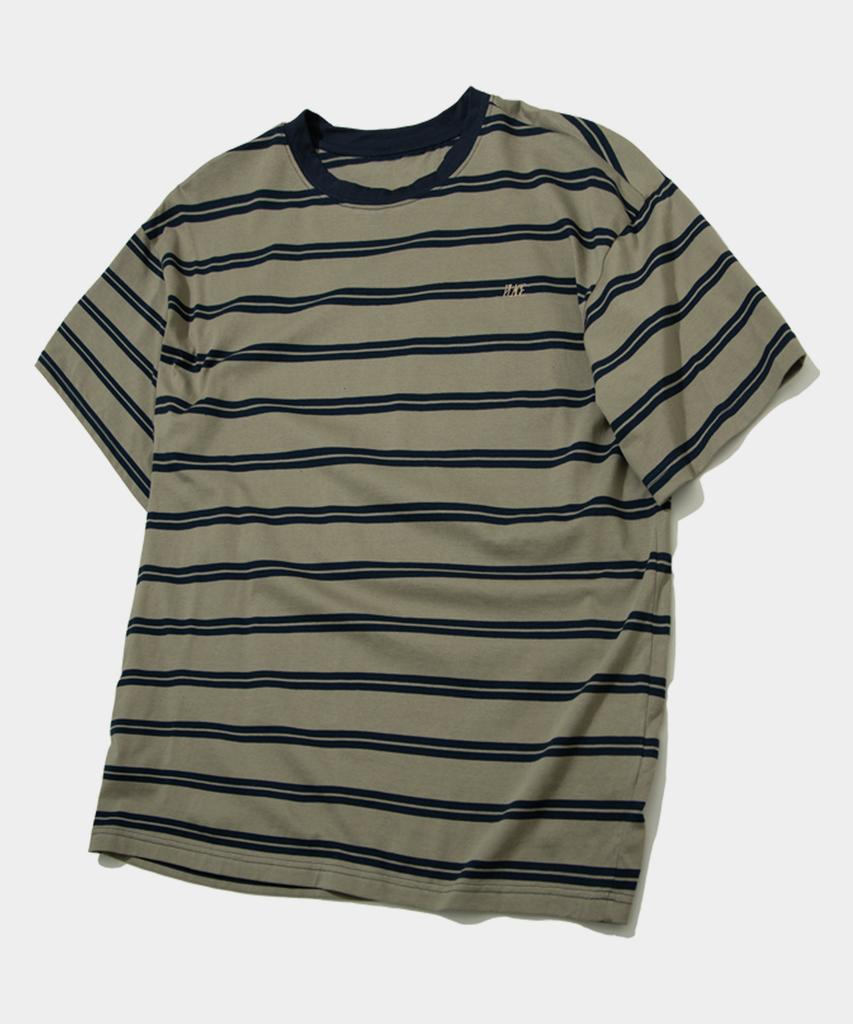 PLACESTUDIOMAN Striped Cotton Logo Embroidered Round Neck Oversized Short Sleeve T-Shirt [Black]
