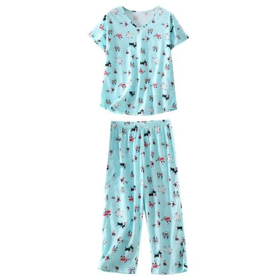 Women Cotton Pajama Set Short Sleeve Top with Capris Pants Sleepwear Set Summer Casual 2 Piece Lounge Set