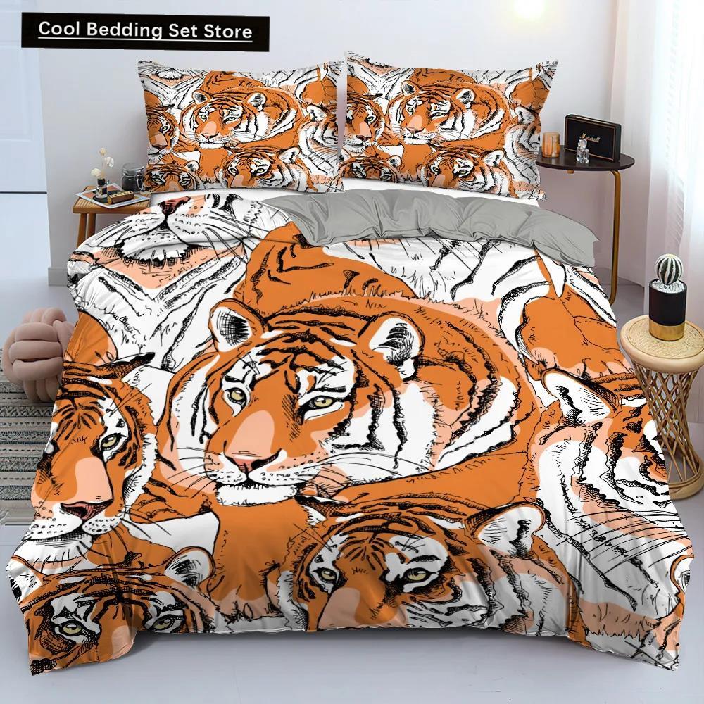 Tiger Duvet Cover Set Red Rose Flower Comforter Cover Boys African Safari Wild Animals Big Cat Queen King Polyester Qulit Cover