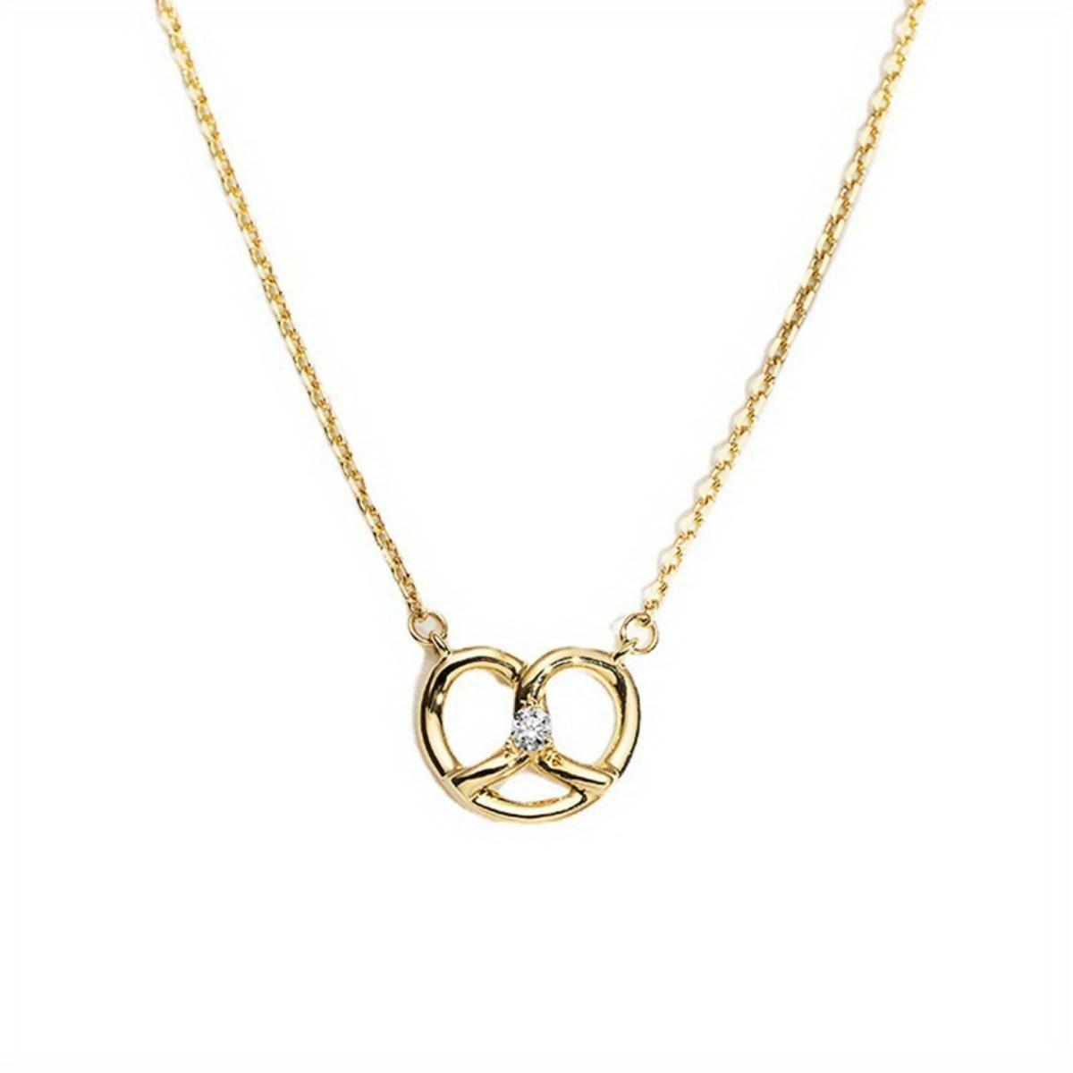 Pretzel Shaped Pendant Necklace with Central Sparkle Dainty Food Inspired Jewelry