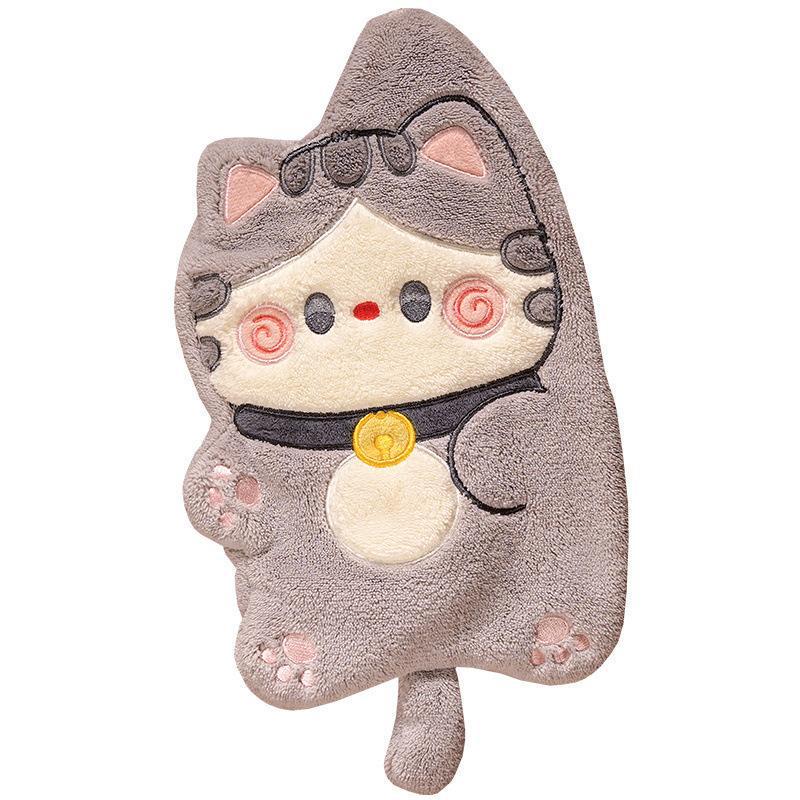 Cartoon Cat Coral Fleece Hangable Hand Towel - Thick, Absorbent, Dual-Use for Kitchen & Bathroom.