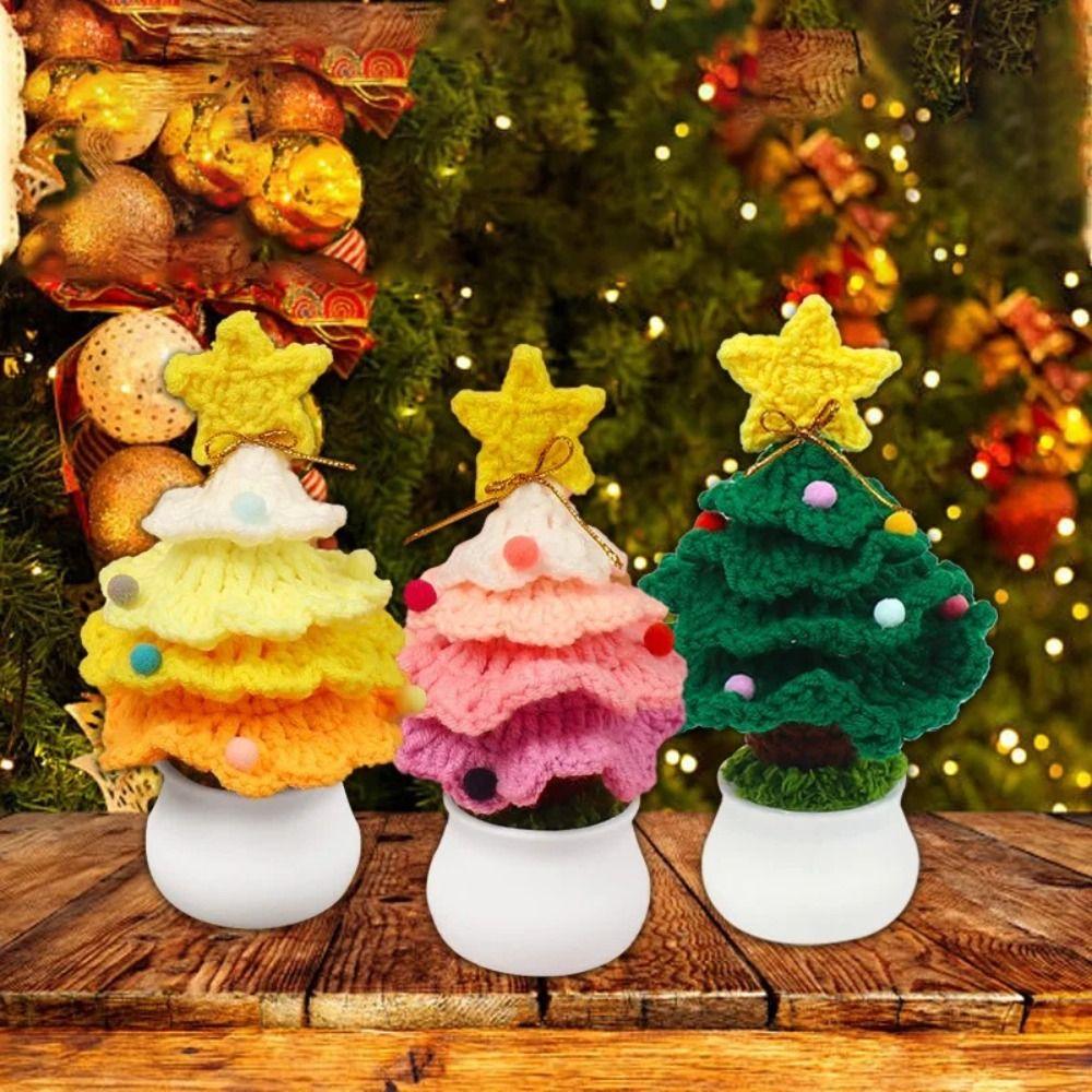 Cute Crochet Christmas Tree Decor Mini Artificial Knitted Tabletop Ornament  Holidays